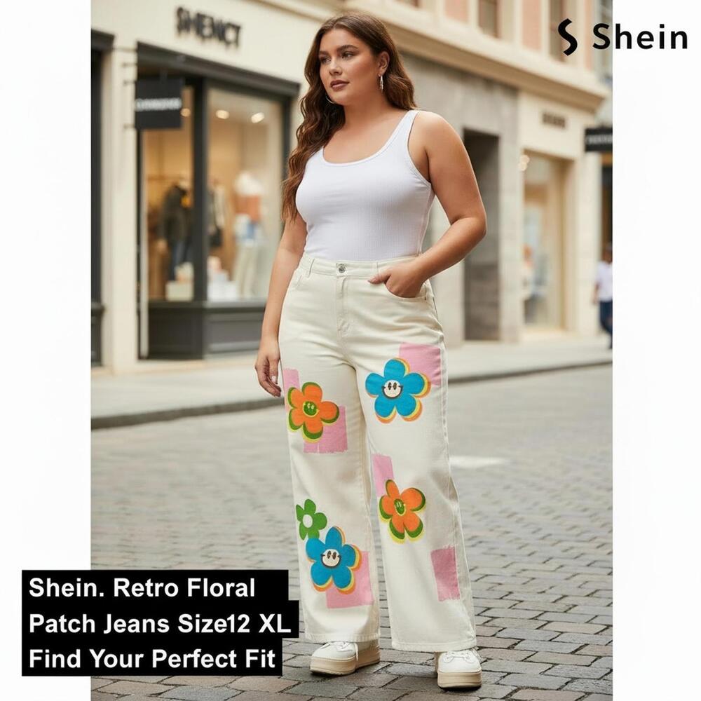 SHEIN Retro Floral Patch Straight Leg Jeans in Cream with Multicolor Flowers